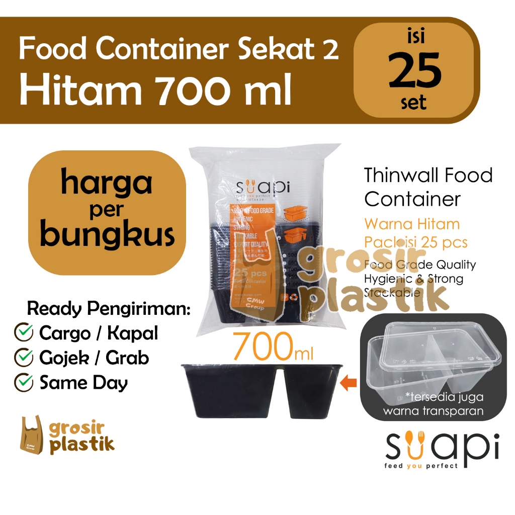 T158 Tepak Makan SUAPI 700 ml Sekat 2 isi 25 Thinwall Hitam ISO - Grosir Plastik