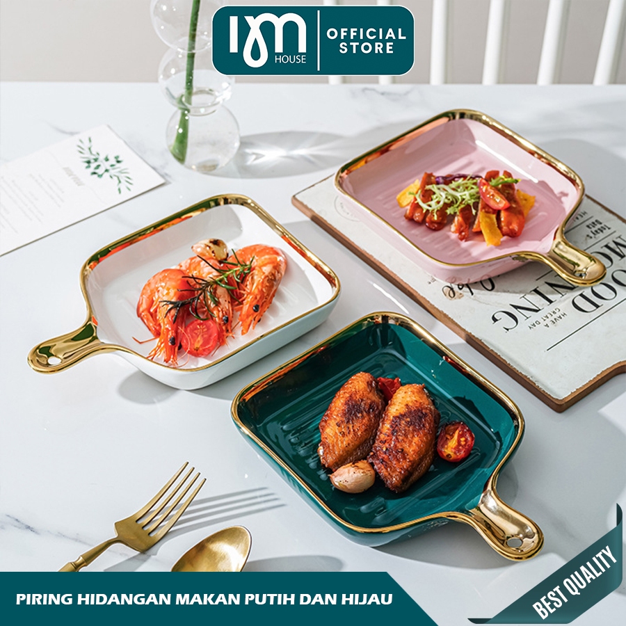 HJK INMINDHOUSE - Piring Saji Keramik Emas/ Piring Keramik Tiga Bagian/ piring keramik snack kotak