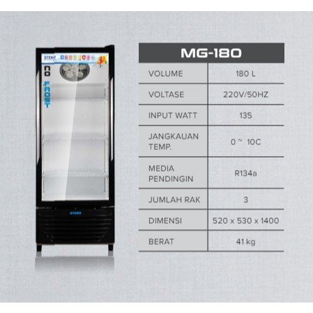 Showcase No Frost Steko MG 180 / Kulkas Minuman Anti Bunga Es Steko MG180 / Showcase Chiller Steko 1