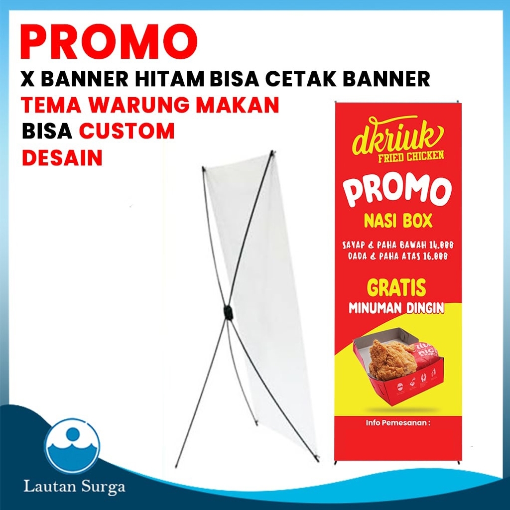 (PAKET STAND X BANNER HITAM ) Cetak Standing Banner / Spanduk / Baliho Custom Free Desain Benner War