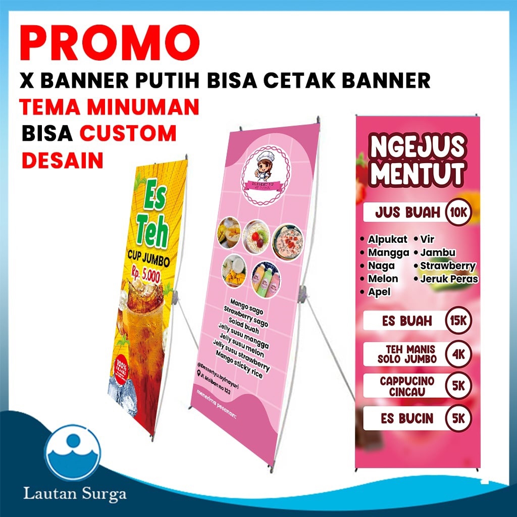 (PAKET Cetak Standing X Banner Putih Cetak Stand Banner Spanduk Baliho Free Custom Desain Benner Jua