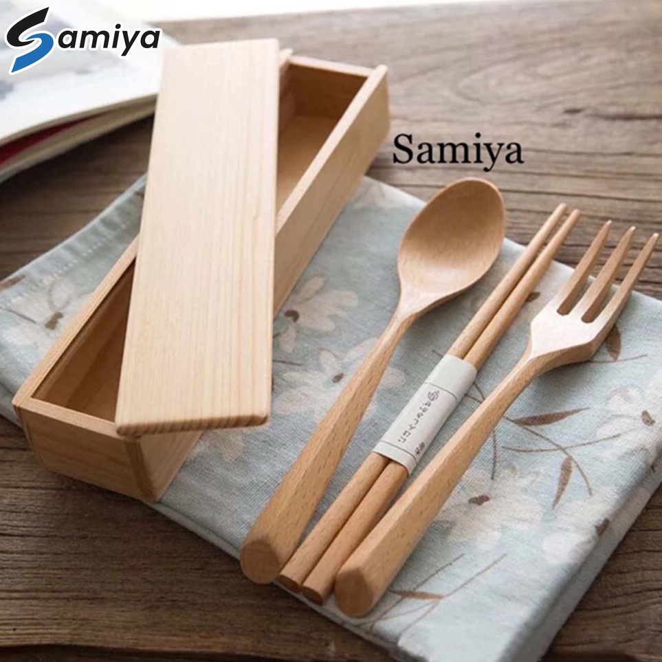 Paket alat makan set sendok garpu sumpit kayu dengan kotak box  TERIMA PRINT NAMA dan LOGO   wooden 
