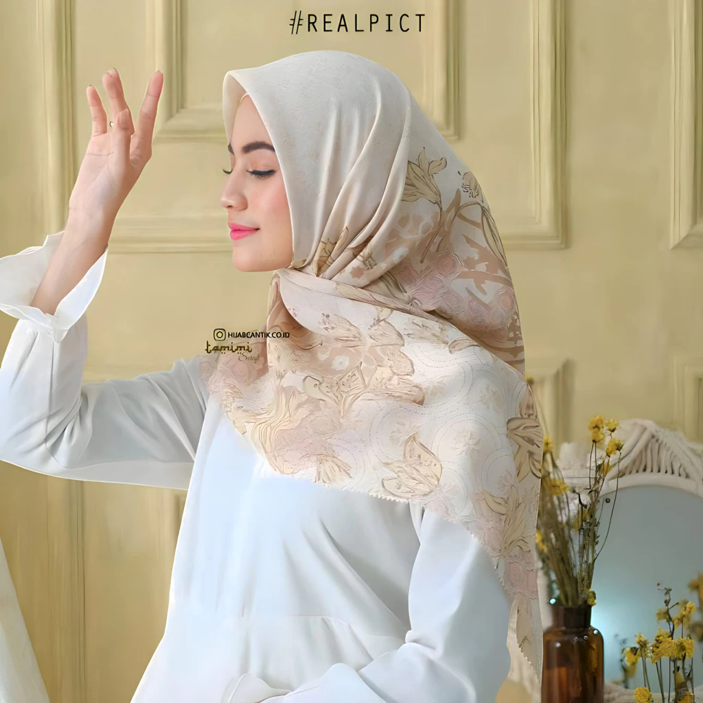 Kerudung segi empat voal motif flower cream series azzahra jilbab premium kekinian TERMURAH