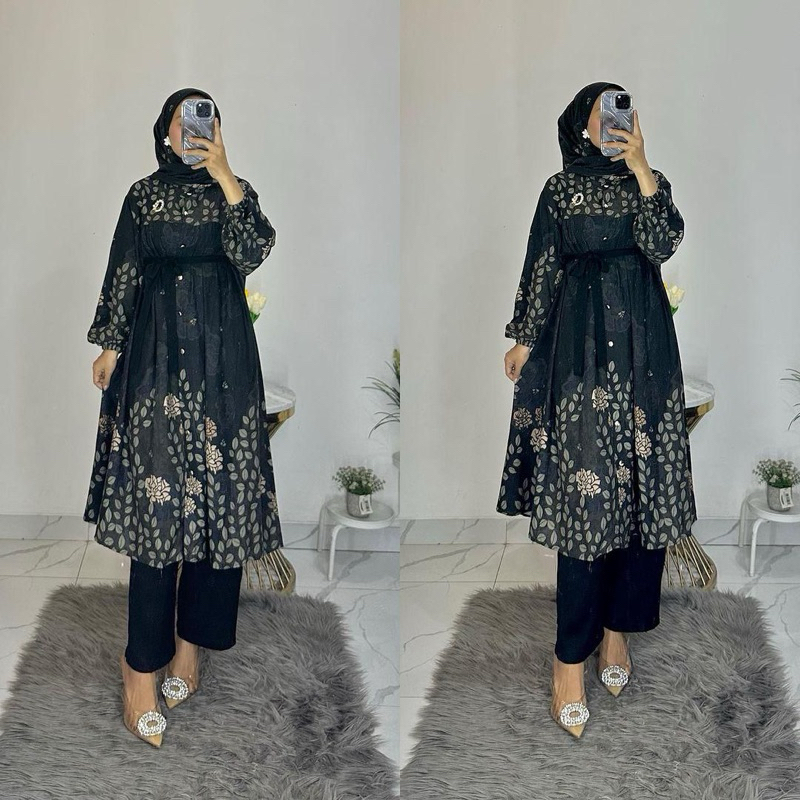 ONE SET NADIA VIRAL LONG TUNIK RAYON - SETELAN TUNIK RAYON MOTIF BUNGA NEW CELANA CRINKLE PREMIUM - 