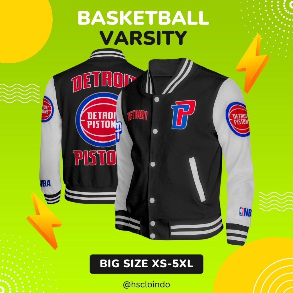 Jaket BOMBER Varsity HSCLO Detroit Pistons NBA Basketball Sport Big Size Bahan Fleece Ukuran Jumbo X
