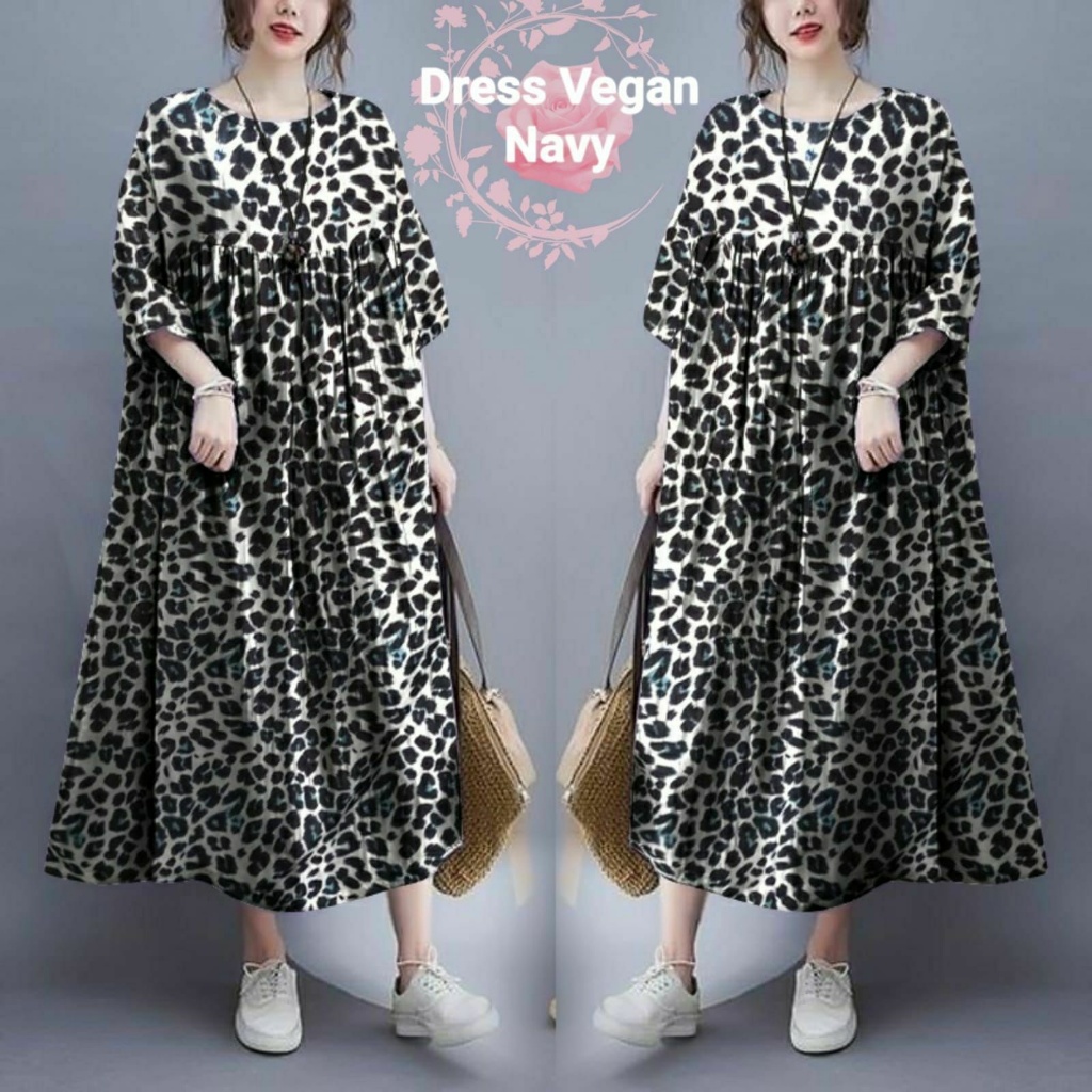 Dress leopard jumbo wanita dress motif macan tutul super jumbo sexy gaun mama LD 140 Vegan