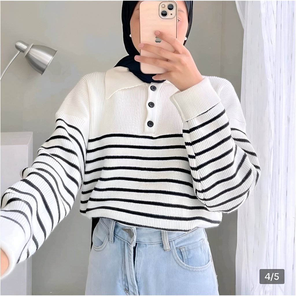 Davina Sweater Rajut Strip Kancing Depan Baju Outfit Cewek Baju Atasan Wanita Baju Rajut Caily Strip