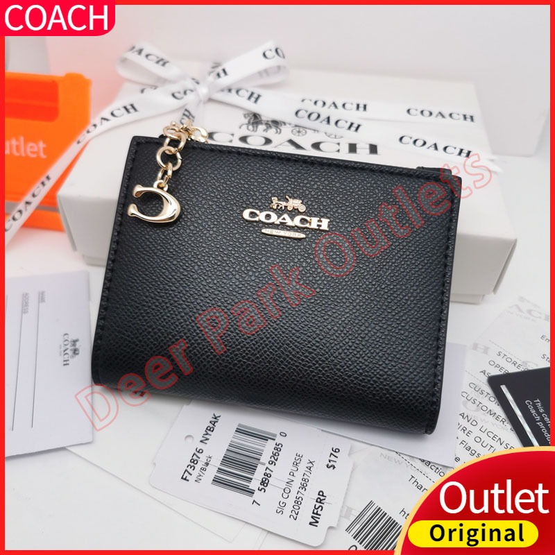 Dompet Kartu Wanita Coach Dompet Koin Lipat Berbahan Kulit Berkerikil Berwarna Hitam 73876