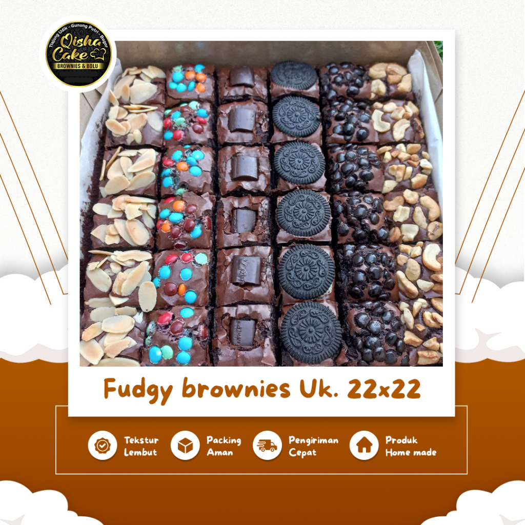 

Fudgy Brownies Panggang Sekat 36 Potong Ukuran 22x22cm Dengan 6 Topping