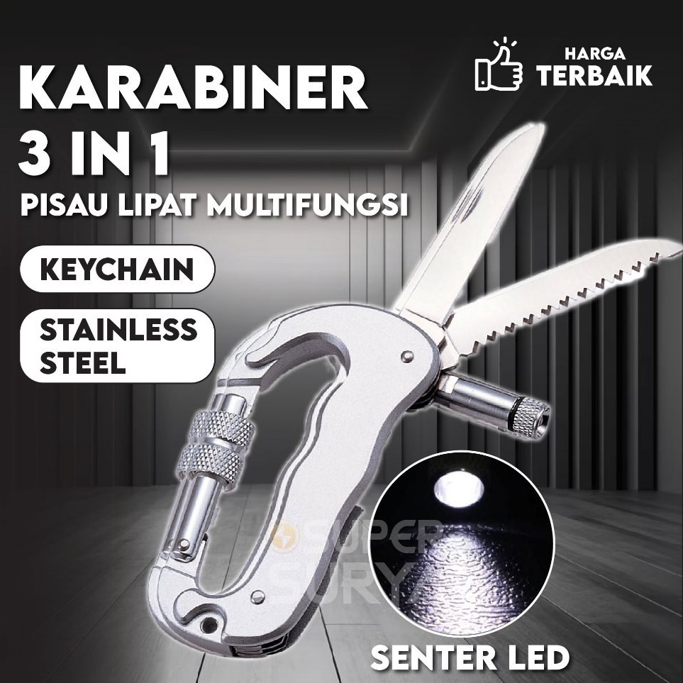 Karabiner Multifungsi 3in1 Gantungan Kunci Senter Carabiner Pisau Dapur Lipat Survival Tool