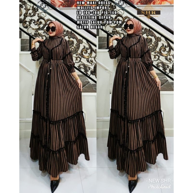 Gamis New Maxi Dress SHR Salur Pom Pom