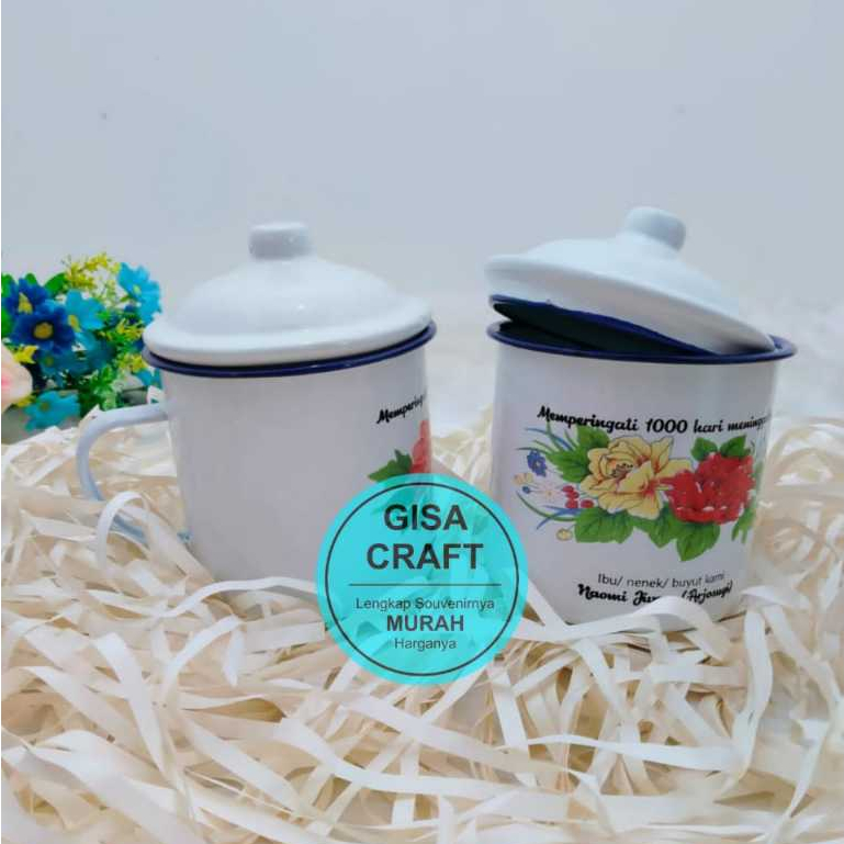 Gisacraft souvenir gelas kaleng uk +- 10 cm dengan tutup motif bunga, gelas jadul, mug jadul enamel