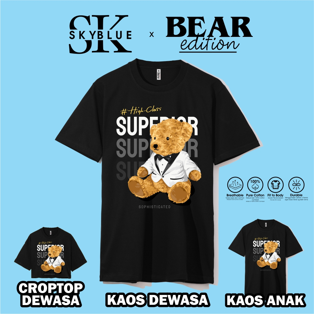 OFFICIAL SKYBLUE kaos baju atasan t shirt TEDDY BEAR SUPERIOR combed 30s oversize croptop cowok cewe