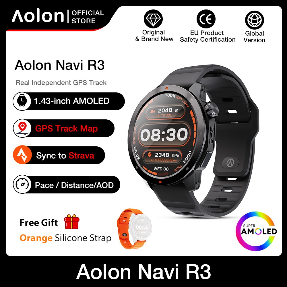 Aolon Navi R3 Jam Tangan Pria GPS Map Running Pace AOD Display Amoled Screen Smartwatch Stainless Steel 3ATM Waterproof Altitude-Black🔥