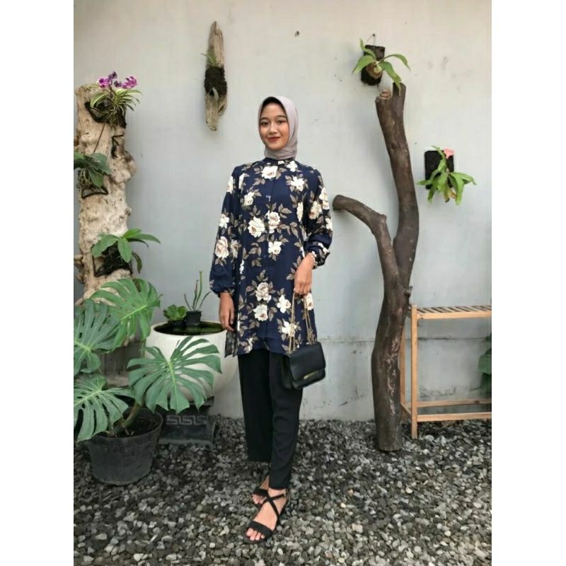 Tunik rayon motif | tunik motif bunga |tunik motif daun|tunik lengan karet