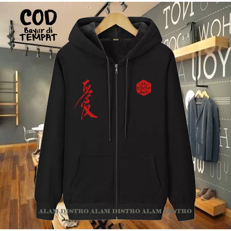 (COD) Jaket Resleting Distro Oxygen Rilex Text Merah Jaket Pria Wanita Terkeren Jaket Denim Distro K