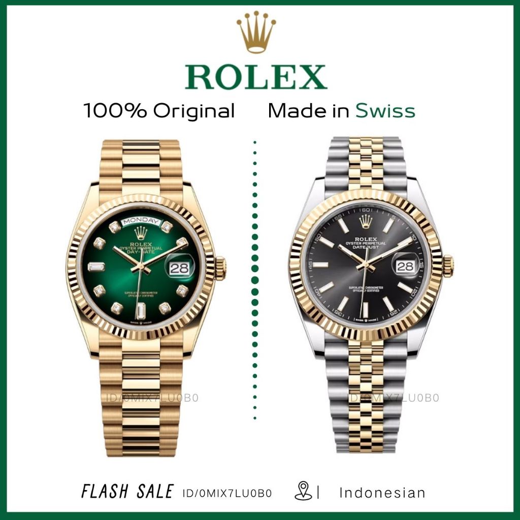 [100% Asli] Jam tangan pria Rolex original 100% Day DateAutomatic 18K Gold Bahan Teflon 36mm Stainle