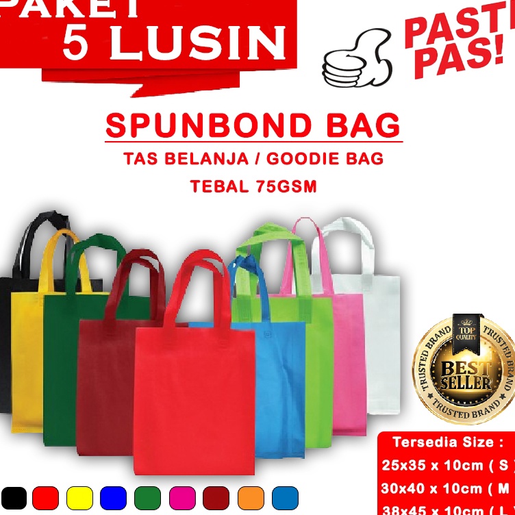 

Spunbond Goodie Bag Tas Belanja PAKET 5 LUSIN Model Tali Handle Kantong Kain