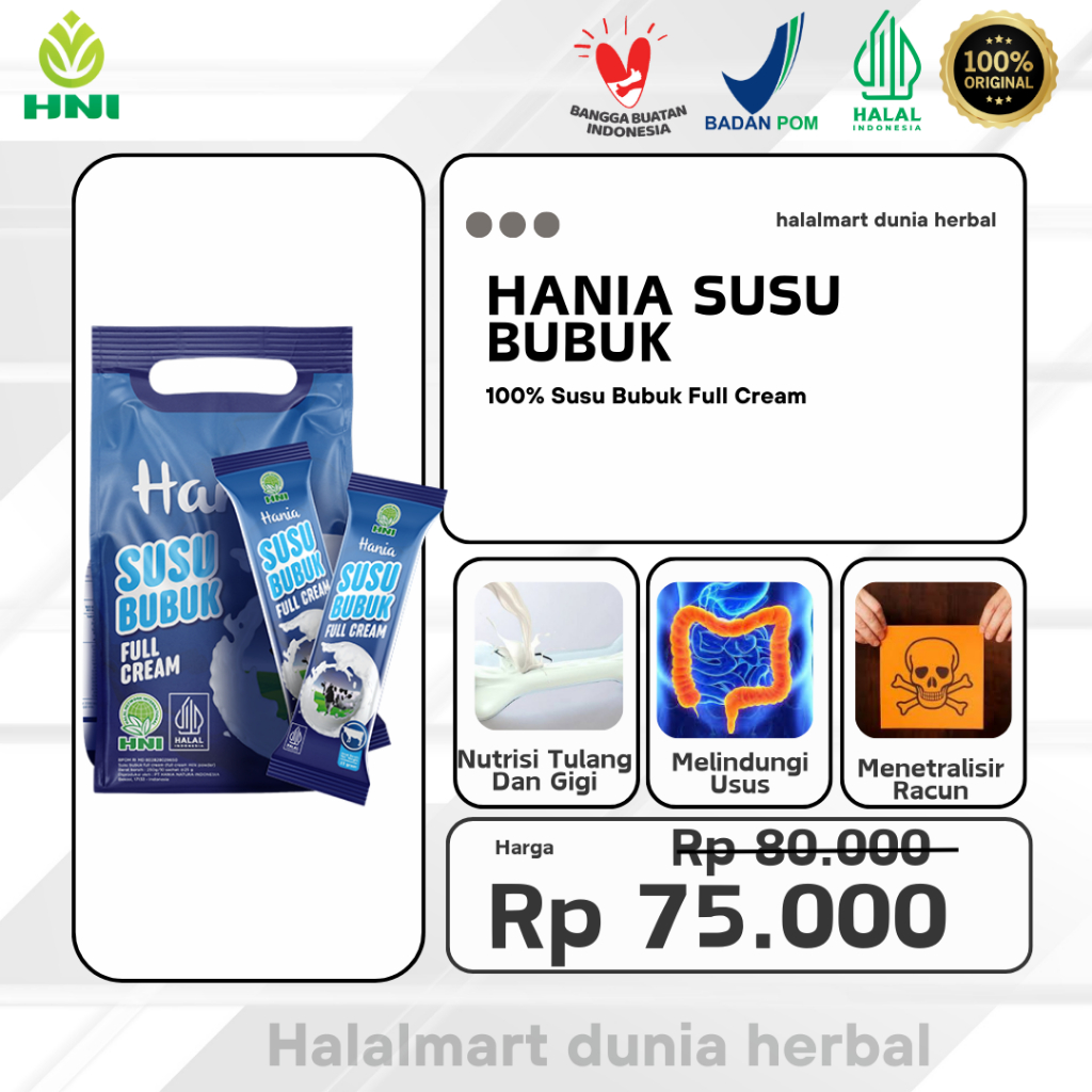 

HANIA SUSU BUBUK FULL CREAM 100% Susu Bubuk Full Cream Sebagai Sumber Energi, Menambah BeratDan Sumber Protein. Terlaris