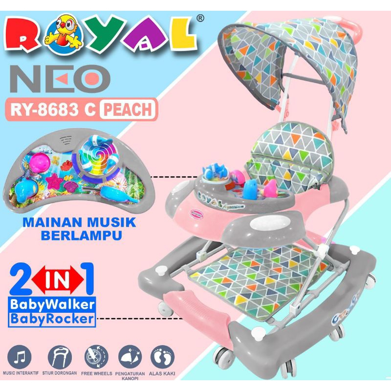 BABYWALKER ROYAL RY-8683 C-BABYWALKER DENGAN MAINAN, MUSIK, KANOPI BISA JADI KURSI GOYANG / BOUNCER