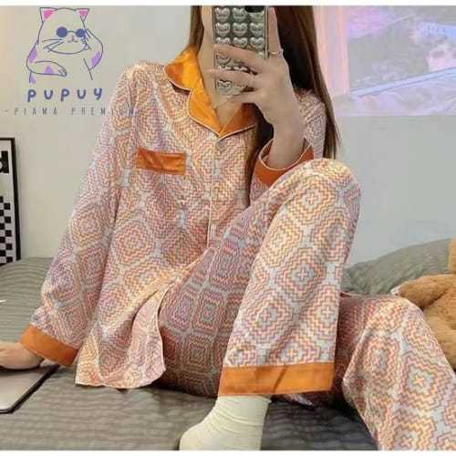 Baju TIdur Premium Yx42 Orange Pattern Piyama Wanita Korea Lengan Panjang Celana Panjang Oneset Kekinian Elegan Lembut Setelan Satin Sutra