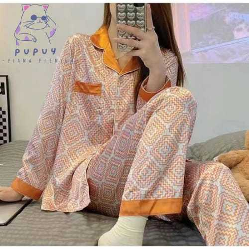 Pupuy Baju TIdur Premium Yx42 Orange Pattern Piyama Wanita Korea Lengan Panjang Celana Panjang Onese