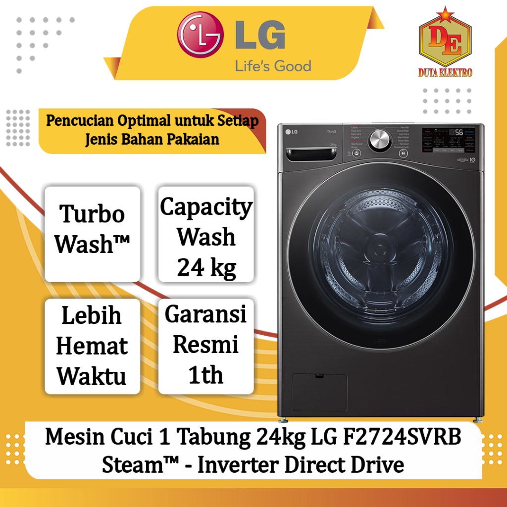 Mesin Cuci 1 Tabung 24kg LG F 2724 SVRB Steam™ Inverter Direct Drive