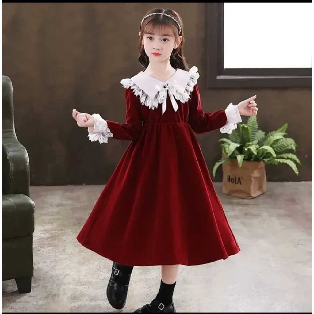 Dress Anak Natal Desain Elegan Gaun Anak PerempuanCantik Gaun Midi Simple Kekinian Dres Imlek Casual