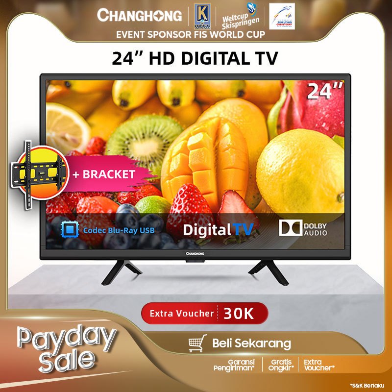 Changhong 24 Inch Digital LED TV (L24G5W) HD TV-DVBT2-USB Moive + FREE BRACKET