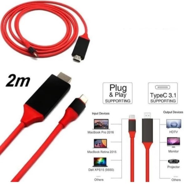 Kabel HDTV USB Type C to Port Male/ Cable 2 Meter 4K Mirroring TV / Converter Video for Smartphone