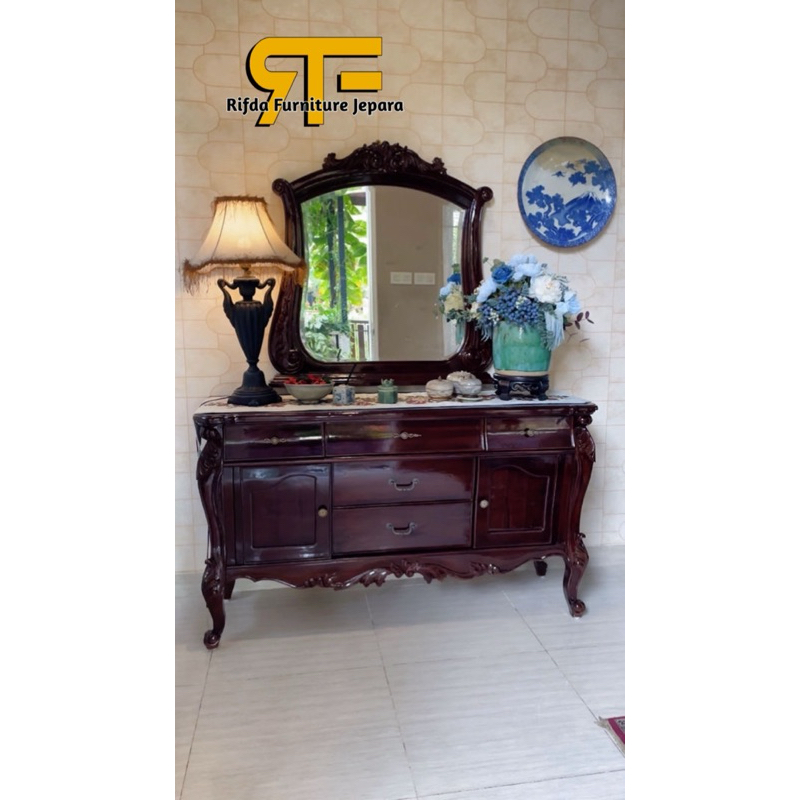 Bufet Cermin Ukir kayu Jati / Meja Bufet Ukir Jati / Meja Bufet + Cermin
