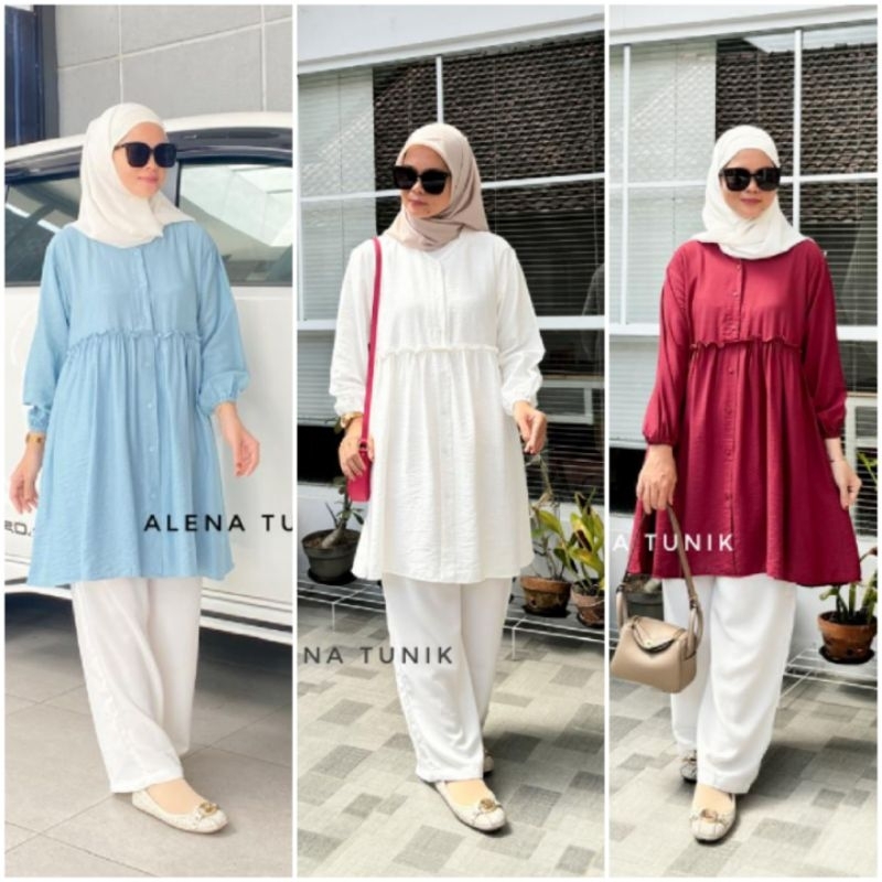 ALENA TUNIK BY YAYUKU YAYOE HIJAB/ TUNIK POLO LINEN POLOS HITAM PUTIH BW SKY BLUE OLIVE ABU ABU MARO