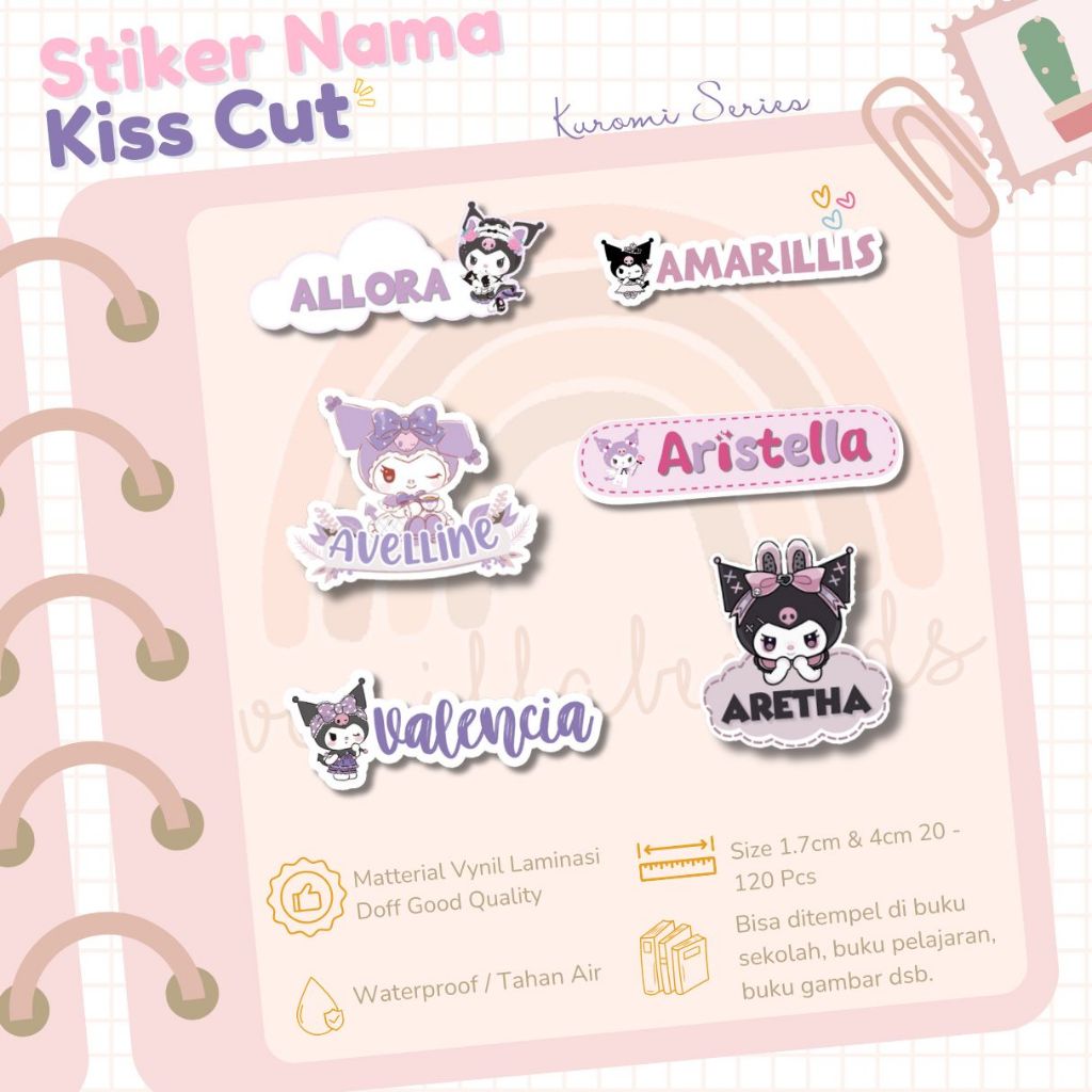 

Stiker Kiss Cut KUROMI Label Nama Waterproof Tahan Air