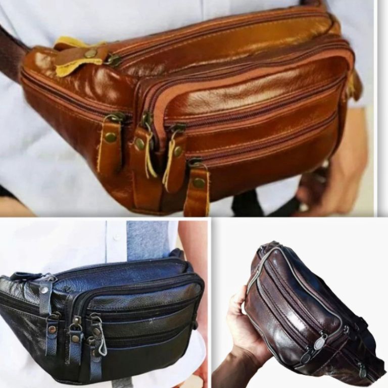 Terbaru COD TERMURAHTas Pinggang Kulit pria Asli ukuran BESAR Tas Pinggang Kulit pria branded Wesbag