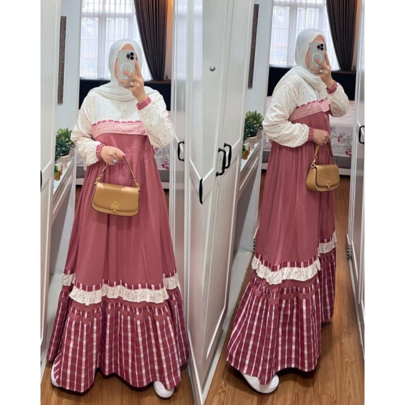 Dress Wanita Gamis Katun Premium Semut Polos Kombi Motif Fashion Viral 2024 Original Semut By Syaina