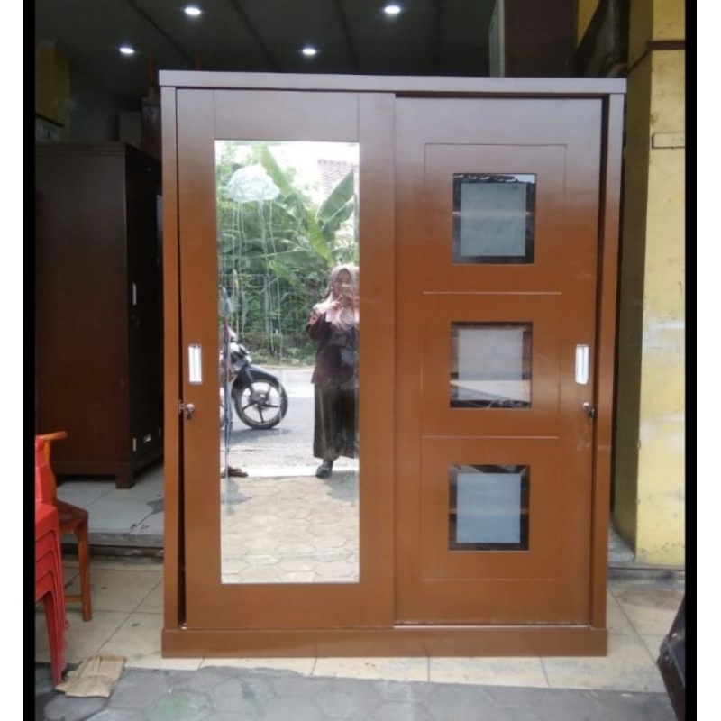 Lemari baju pakaian kayu 2 Pintu Jumbo sliding cermin