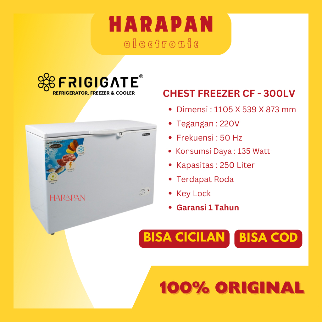 CHEST FREEZER FRIGIGATE 250 LITER - CF 300 LV / KULKAS FROZEN FOOD / KULKAS MAKANAN BEKU