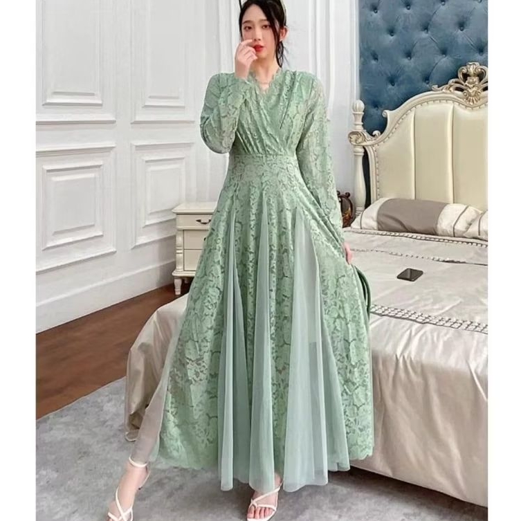 51901 Baju maxidress long dress AZIRA LACE PATCHWORK BROKAT VNECK lengan panjang dres Korea Korean s