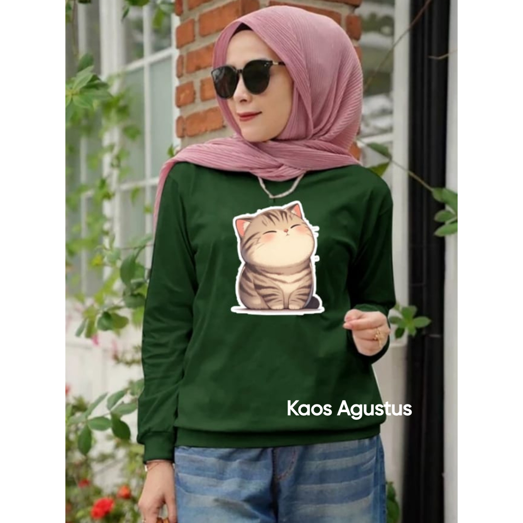 Kaos Agustus Wanita Lengan Panjang Kucing Gemoy / Atasan Wanita Manset Lengan Panjang Terbaru
