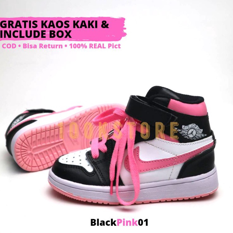 Grosir Resmi  sepatu anak perempuan black pink jdn New Produk sneakers anak cewek jordan