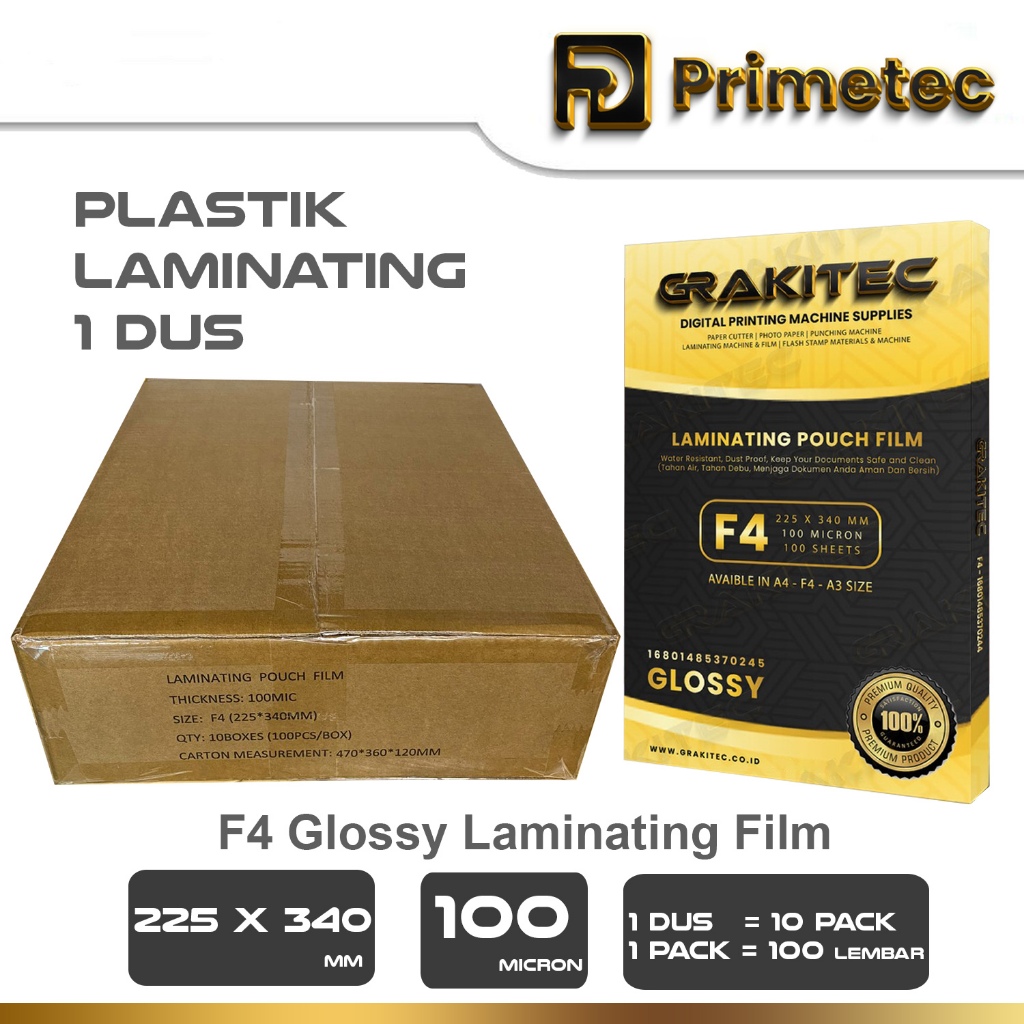 

Plastik Laminating FIlm F4 1 DUS isi 10 pack | 100 Micron primetec