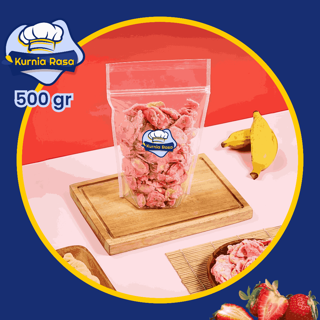 

Kripik Pisang Strawberry Lumer Kurnia Rasa Renyah 500 gram