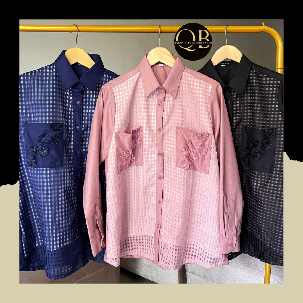 QB Ameza shirt/Kemeja Katun Toyobo mix Organza Busui kombinasi payet bunga/Blouse wanita motif kotak
