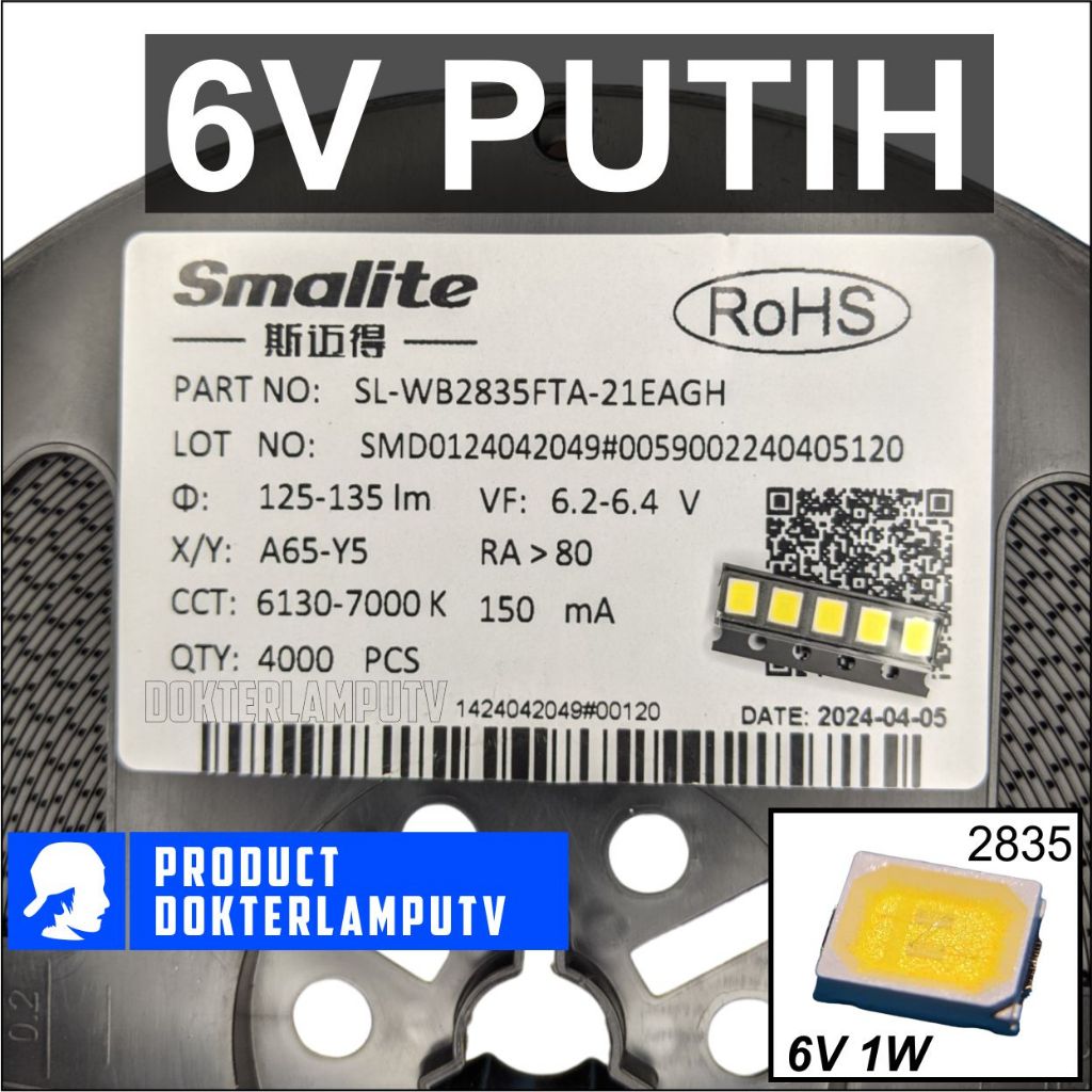 100 LED SMD 2835 SMALITE 6V 1W PUTIH UNTUK SERVIS LAMPU LED