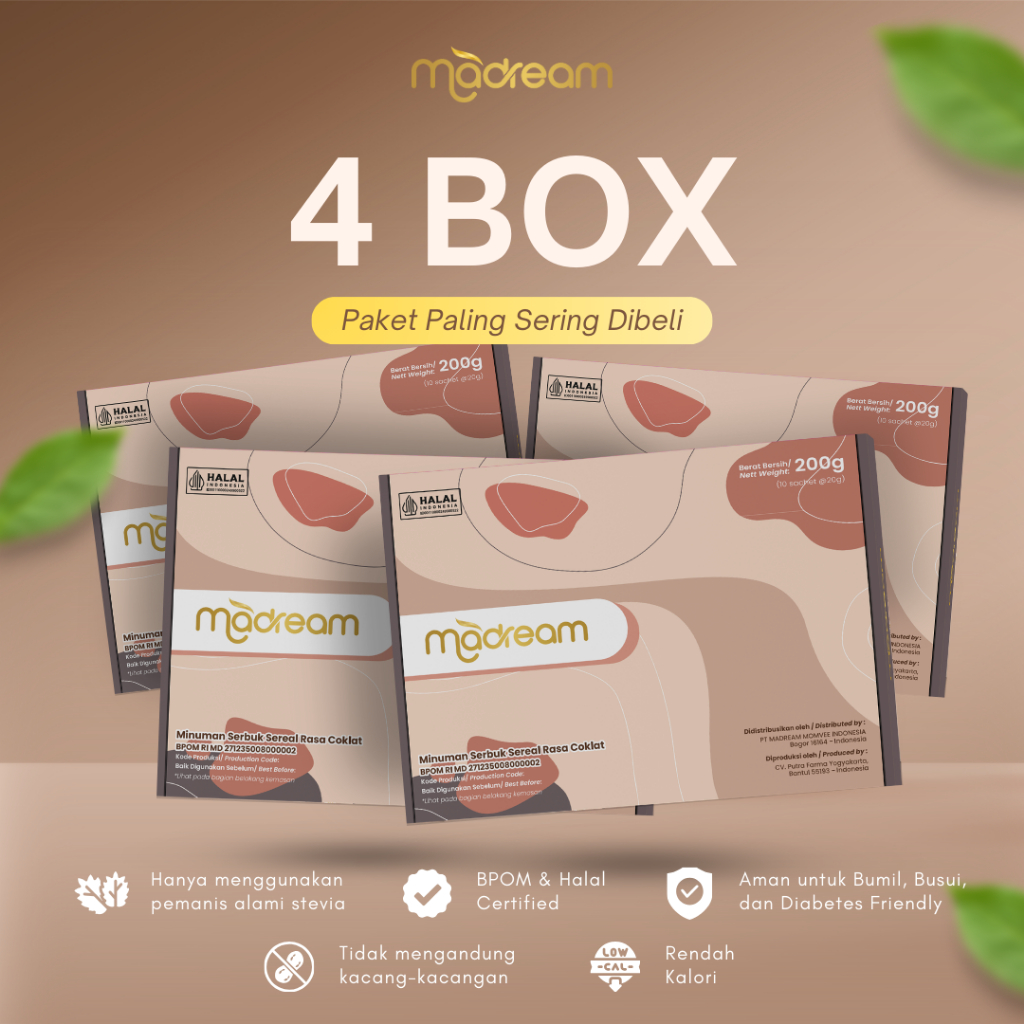 

Madream Meal Replacement Minuman Sereal 4 Box Isi 40 Sachet 800 Gram Halal BPOM