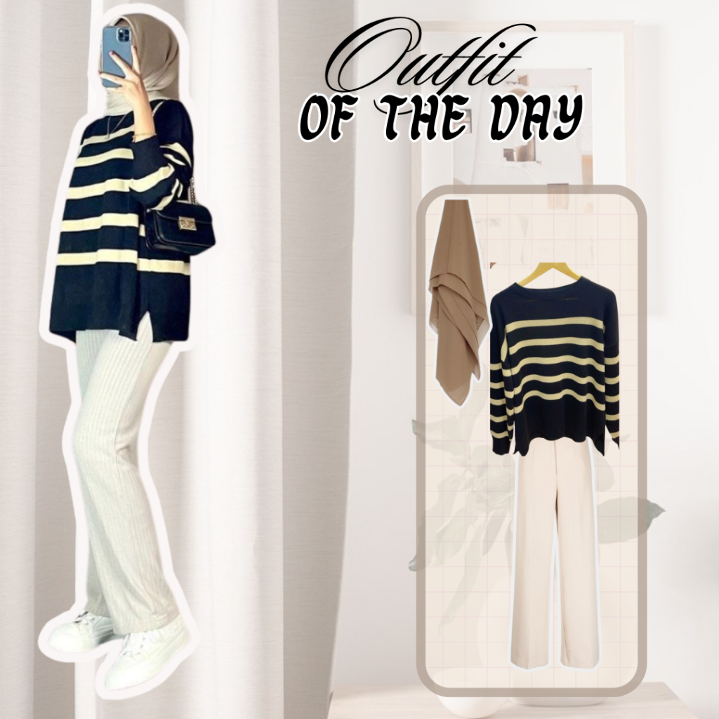 ED12 One Set Wanita Remaja Sweater stripe mix Celana Kulot OOTD Kekinian