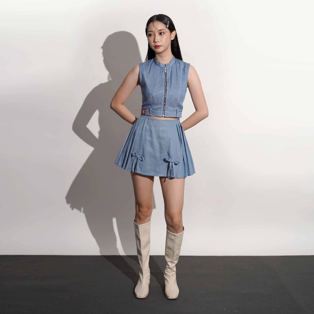 Official Crue - Atmos Top / Outer (TOP Only) in Blue Denim & Light Denim // top zipper / crop top zi