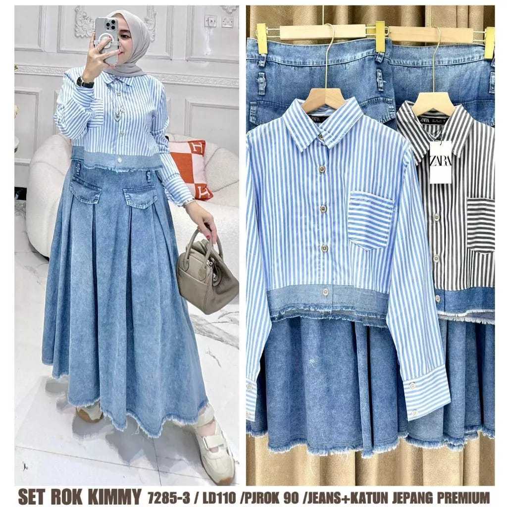Kimmy Set Rok Jeans Mix Katun Jepang Setelan Wanita Kekinian Outfit Set Korean Style One Set Wanita