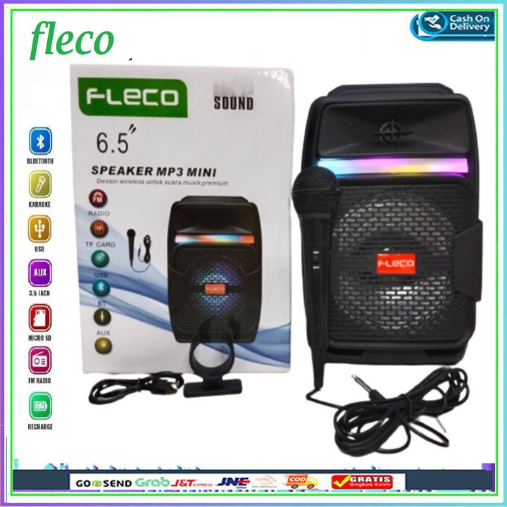 Speaker Bluetooth Portabel Karaoke Fleco F-6111A/B Super Bass free mic 1 pic murah