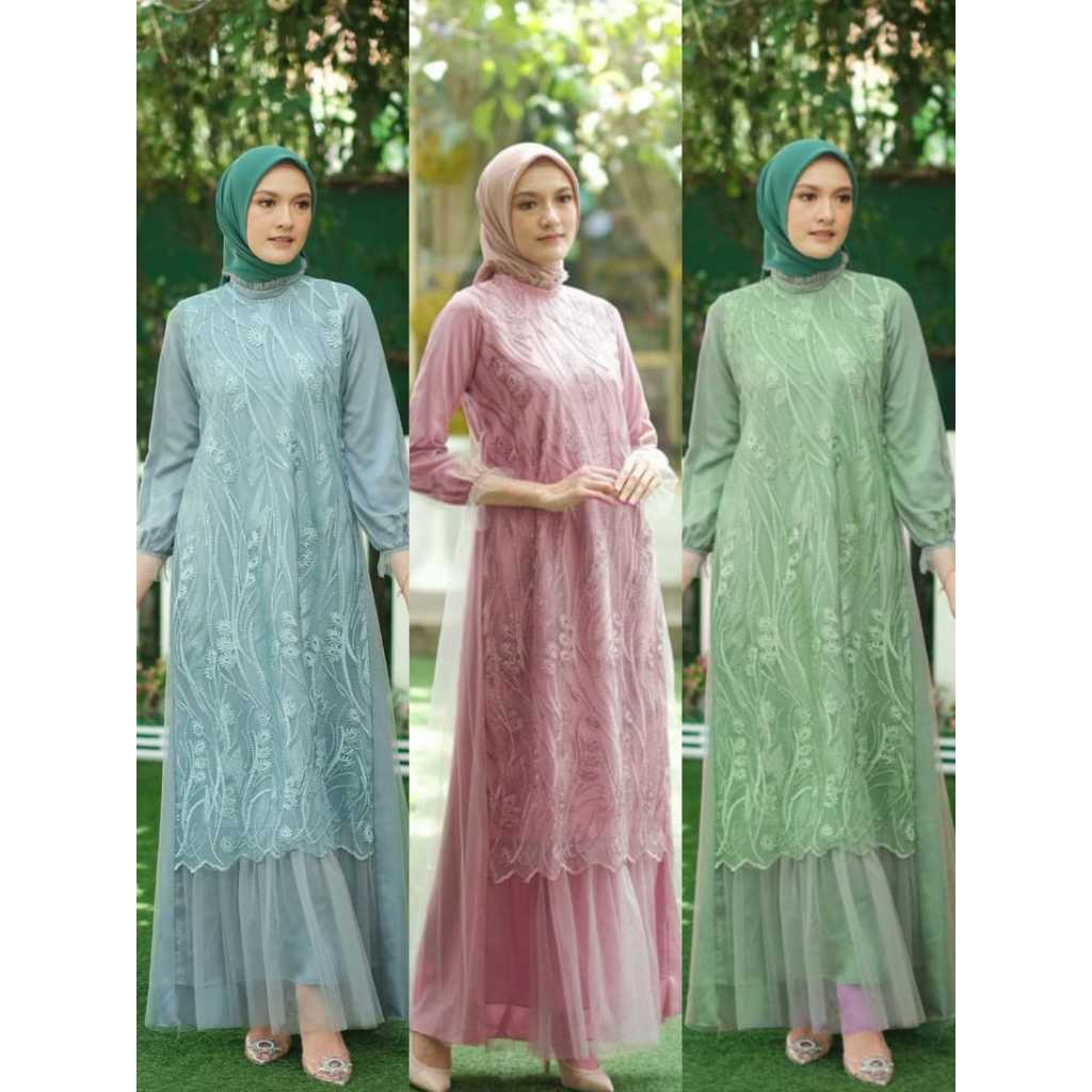 MALIKA DRESS BROKAT KOMBINASI TILE MUTIARA GAMIS LEBARAN BAJU KONDANGAN GAUN PESTA FASHION MUSLIM